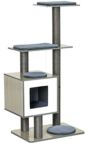 PawHut Árbol Rascador para Gatos de Madera 71,5x49,5x120 cm Torre de Gato con Cueva Plataformas Postes Rascadores de Sisal Cojines de Felpa Suave y Bolas Colgantes Gris