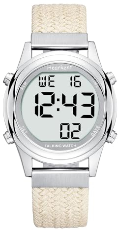 Hearkent Orologio digitale parlante da donna con voce comoda tedesca LCD grandi numeri orologio per ipovedenti, anziani o non vedenti, beige., Classico