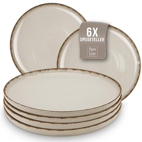 Ensemble de Vaisselle Rustique en Grès - Assiettes de Table Modernes Lavables au Lave-Vaisselle - Set de Vaisselle 6 Personnes Élégant en beige - Pure Living pour 6, Assiettes de Dîner