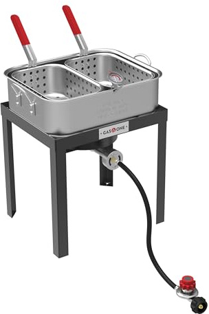 GASONE One Doppel-Gasfritteuse mit 2 Körben, Propangasbrenner zum Kochen im Freien - 18 Liter starker Aluminiumtopf für den Außenbereich mit Brenner aus Gusseisen -