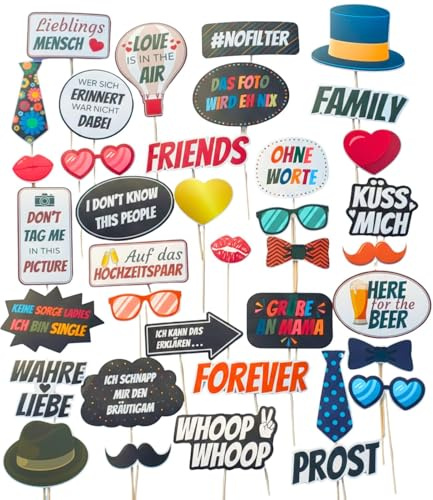 Fotobox Accessoires für Hochzeit -37-teiliges Premium Foto-Set für unvergessliche Hochzeitsbilder – Lustige Requisiten für Photo Booth Party Zubehör