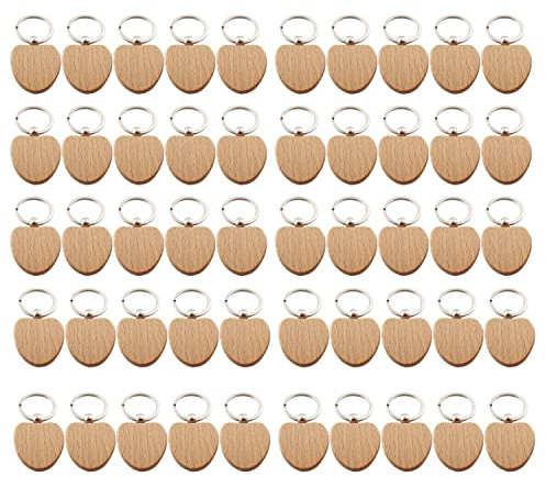 Qeunrtiy 50pcs Porte-Clés Vierge en Forme de Coeur en Bois en Forme de Coeur Porte-Clés Étiquette Anti-Perte Accessoires en Bois Étiquettes Peuvent Graver des Cadeaux de Bricolage