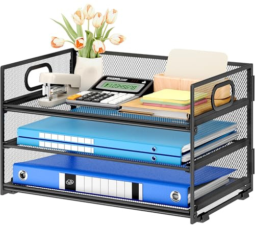 Subekyu 3 Tier Paper Letter Tray Organizer for Desk, Black Metal Mesh Desk File Folder Sorter Organizer with Handle and Sliding Tray for Home, Office, School Supplies Organization Storage