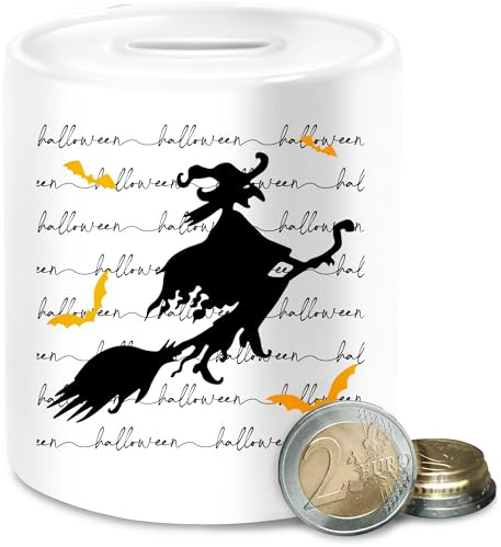 Spardose - Spardosen - Halloween Hexe auf Besen I Hexenflug I Gruselige Hexe I Fliegende Hexe I Hexenzauber I Hexensilhouette - Unisize - Weiß - Spooky Season hexen Motiv mit