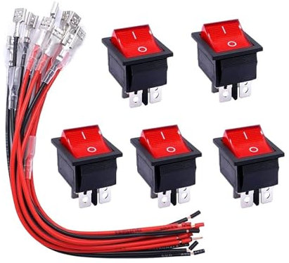 Interrupteur à bascule 5 pièces AC 250V/16A 125V/20A lumière rouge éclairée marche/arrêt DPST 4 broches 2 positions interrupteurs à bascule à bascule + 12 pièces 6.3mm