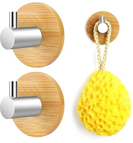 Holz Bambus Handtuchhaken Haken 2 Stück Edelstahl Bambus Haken Wasserfeste Klebehaken Wand Handtuchhalter Holz Selbstklebende Haken für Wohnzimmer, Schlafzimmer Badezimmer, Küche, Toilette, Büro