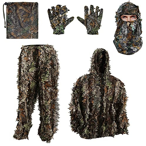 Zicac 3D Ghillie Suit Tarnanzug Dschungel Kostüm Tarnung Woodland Camouflage Anzug Dekoration Festschmuck für Jagd Camping Outdoor Militär Jagd Verdeckt, Tarnanzug für Körpergrößen von 1,1-1,5 M