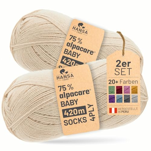 HANSA-FARM |alpacare 75% waschbare Baby Alpaka Socks 224g Set (2 x 112g) Sockenwolle kratzfreie Wolle zum Stricken & Häkeln - NFA02 Beige