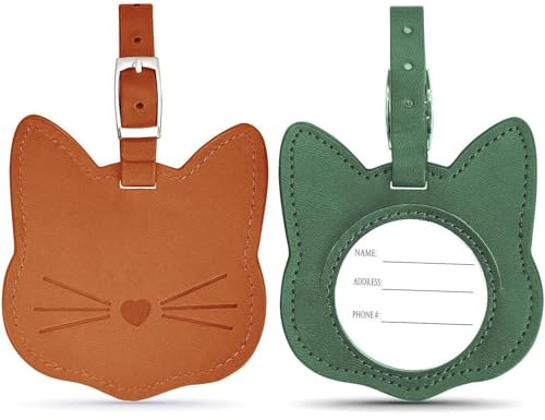 Lot de 2 étiquettes de valise en cuir de qualité supérieure en forme de chat - 2 couleurs - Avec carte d'étiquette d'identité et sangle réglable - Pour valise, bagage, voyage (marron et vert)