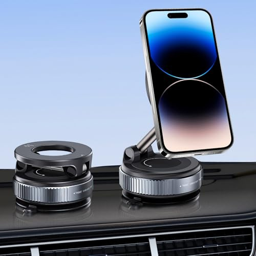 Upgraded Handyhalterung Auto Magnet mit Saugnapf, Vakuum Magnetischer Handy Halterung mit Metallring, 360-Grad-Drehbare Handyhalterung fürs Armaturenbrett Im Auto und Scheibe, für Handys über 4,7 Zoll