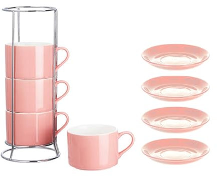 Juqoyue Tazze da Cappuccino Impilabili in Porcellana con Piattini e Supporto in Metallo, Tazzine da caffè Espresso per caffè Latte, caffè Speciale C