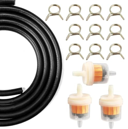 15-teiliges Benzinfilter Kraftstofffilter Set–4 Universal-Benzinfilter, 2m Benzinschlauch, 10 Stück Schlauchschellen, für Motorräder, Rasenmäher, Außenborder und Kleingeräte – Robuster Kraftstofffilt