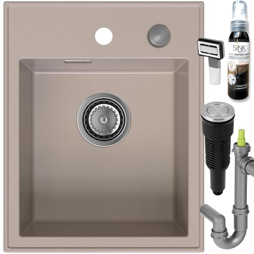 SINK QUALITY Spülbecken Beige 40x50 cm - Granitspüle Beige mit Siphon PUSH und Imprägnierung - Spüle ohne Abtropffläche - Kleines Spülbecken für Küche für Unterschränke ab 40 cm Breite