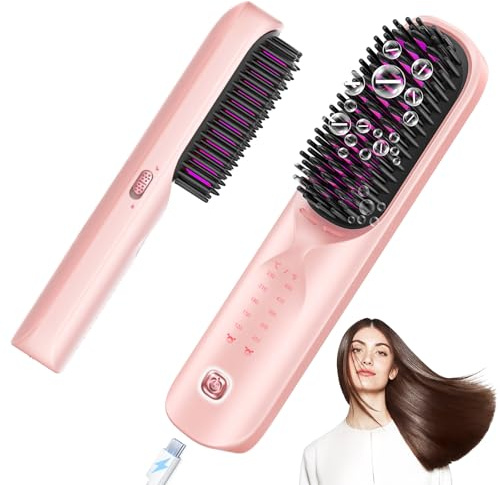 Cordless Hair Straightener Brush - Portable Hair Straightening Brush for Travel - 300M Negative Ions for Frizz-Free Shine, Touch Up On-The-Go, Fast Heating, Gift for Women, 10,000mAh, Dusty Pink