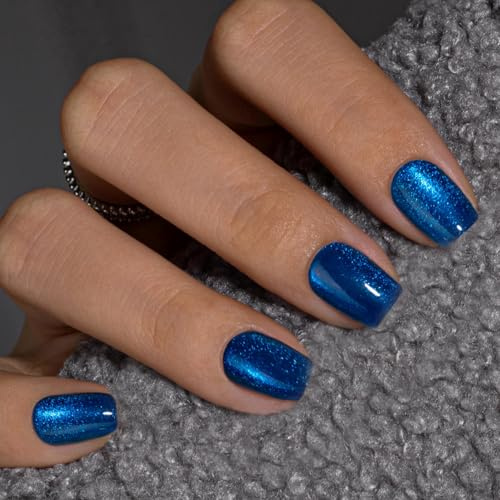 KQueenest Press on Nails Kurz – Cat Eye Nägel zum Aufkleben Kurz Eckig, Glitzer Königsblau Fake Nails, Bling Marineblau Künstliche Nägel Set für Frauen, 30 Stück