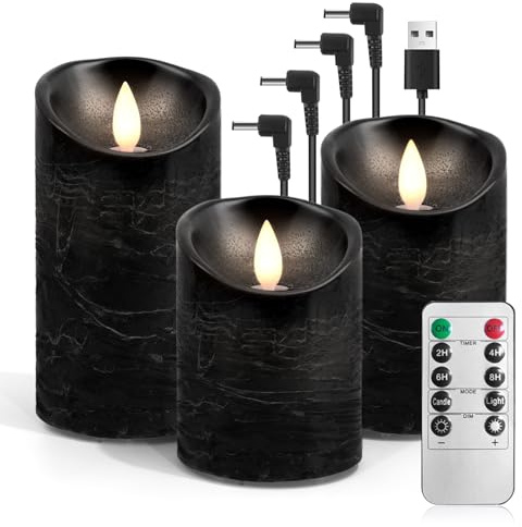 AnnSpa 3 Set Led Kerzen Aufladbar mit Fernbedienung, Wiederaufladbare Kerzen Flammenlose Echtes Wachs Flackern Moving Wick Yellow Light Pillar Candles mit Timerfunction für Geschenke - Schwarz