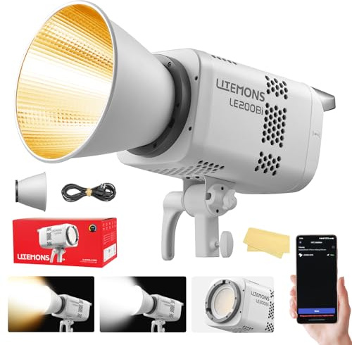 Godox LE200Bi LE200 Bi Kontinuerligt ljus LED 220 W 2800K~6500K 57700 Lux/1 m TLCI/CRI≈98 Bluetooth-kontroll 11 FX-effekter Bowens ram videolampa för Vlogging Live Youtube fotografi (vit)