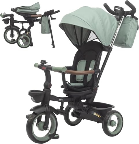 Twinly SAMI Triciclo Evolutivo Pieghevole con Maniglione – Triciclo per Bambini da 1 Anno a 5 Anni, Sedile Girevole e Reclinabile, Cappottina UPF50+, Ruota Libera e Cinture di Sicurezza – Dark Green