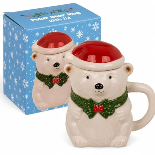 MIJOMA Weihnachtstasse mit Deckel – Winterlicher Keramikbecher – Festliche Teetasse aus Dolomit für heiße Getränke (Eisbär mit Weihnachtsmütze)
