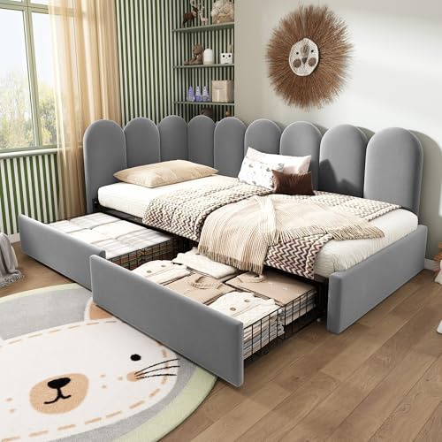 Merax Single Grey Upholstered Bed, 3ft Single Sofa Day Bed with Storage-2 drawers on wheels, with interchangeable Upholstered Fence, Slatted Frame, for Adults Children, Velvet/90x190cm(No Mattress)