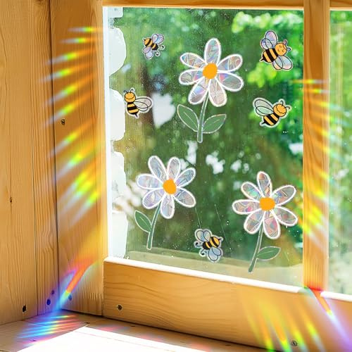 Muorruo 8 Stück Bienen- und Blumen-Fensteraufkleber für Glasfenster, Gänseblümchen-Fensteraufkleber, Prismen-Sonnenfänger-Glasaufkleber, doppelseitig wiederverwendbarer Aufkleber