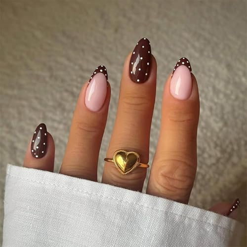 FrostyFlair Polka Dot Mandel Press On Nägel, 24 Stück Press On Nails Kurz & Nägel Zum Aufkleben, Brown French Nails Almond mit Punkt Design, Glänzende Kunstnägel für Damen & Mädchen