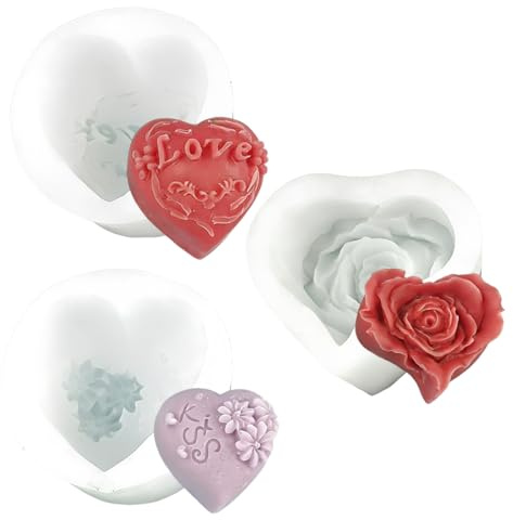 IEBTAWN 3 Pezzi Candela Stampi In Silicone Di San Valentino, Stampi Per Candele Fai Da Te,Cuore Stampo Candela Per Candele Gesso, Cioccolato, Decorazioni Artigianali, Compleanno