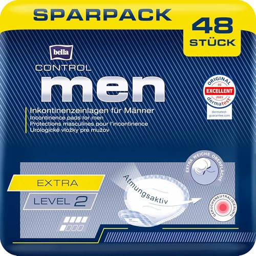 bella control MEN Level 2 Extra Inkontinenzeinlagen für Männer 48 Stück | Zuverlässiger Schutz, Leichte bis mittlere Blasenschwäche, Herren Slipeinlagen (4x12)