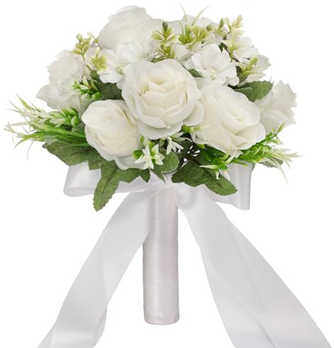 CGTQROVR Hochzeitssträuße für die Braut, 22, 9 x 26, 9 cm, Elegante weiße künstliche Brautsträuße, dekorative Seidenblumen für Zuhause, Hochzeit, Partyzubehör