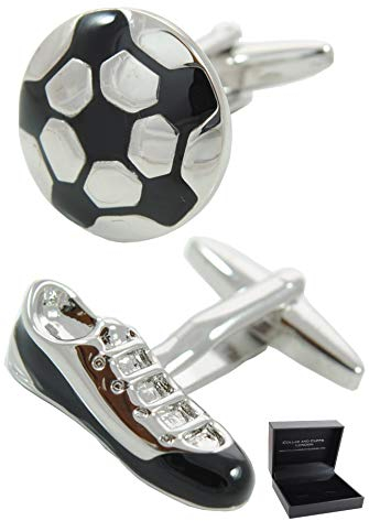 COLLAR AND CUFFS LONDON Gemelli Camicia Uomo Football - con Scatola - Calcio e Football Boot - Ottone - Colori Argento e Nero - Giochi Circolare Sport Soccer - Un Paio