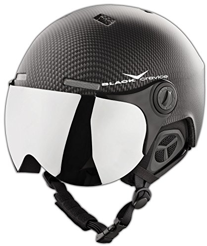 BLACK CREVICE Erwachsenen Skihelm im Pilotenstyle mit zusätzlichem orangem Wechselvisier, Black Carbon/White