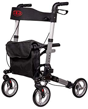 Antar 14949 Premium Aluminium-Rollator Set, Leichtgewicht-Reiserollator mit Vollausstattung, 3-fach faltbar für Kofferraum, Reise und Flug, Höhe verstellbar, Gurt, Stockhalter, silber