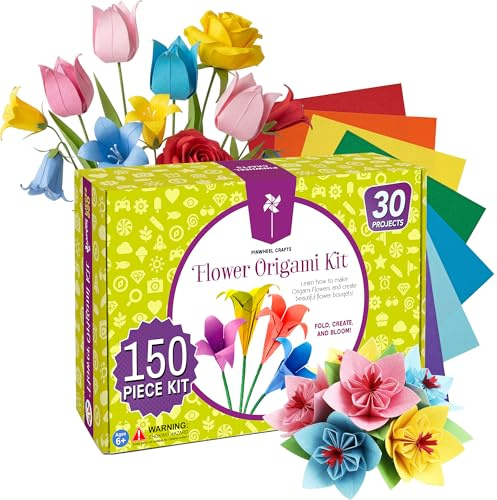 Pinwheel Crafts Flower Origami Kit for Kids Ages 8-12 | 150 Pcs Origami Paper Kit w/Multicolor Folding Papers, Chenille Stems,Buttons and Jewels, Arts and Crafts Paper Book for Kids Ages 6+