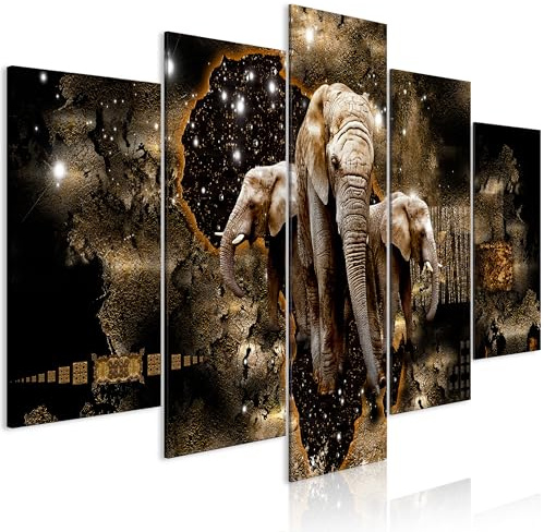 B&D XXL - Leinwandbild Tiere Elefant Weltkarte, 200x100 cm, 5-teilig | Hochwertige Leinwand, sofort aufhängbar, ideal fürs Wohn- oder Schlafzimmer, wasserfest und lichtecht, langlebig, stilvoll