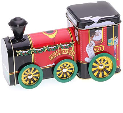 POWERHAUS24 Santa Express, weihnachtliche Lokomotive mit drehbaren Rädern, Keks-, Geschenk-, Blechdose Vol. 0,6l inkl. PH24 Backrezept