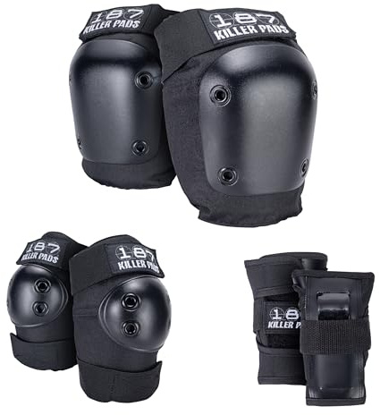 187 Killer Pads Six Pack Pad Set, Protective Gear for Elbows, Knees, and Wrists - Ideal for Skateboarding, Roller Skating, and Inline Skating (Black, Small-Medium)