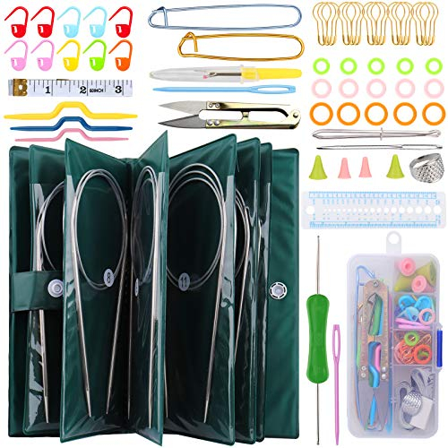 Coopay Edelstahl Rundstricknadel Set, 11 Teilig 80cm Edelstahl Rundstricknadeln 1,5 mm - 5,0 mm, mit 57 Strickzubehör und Aufbewahrungstasche, Ideal Stricknadelset ​für Strickliebhaber