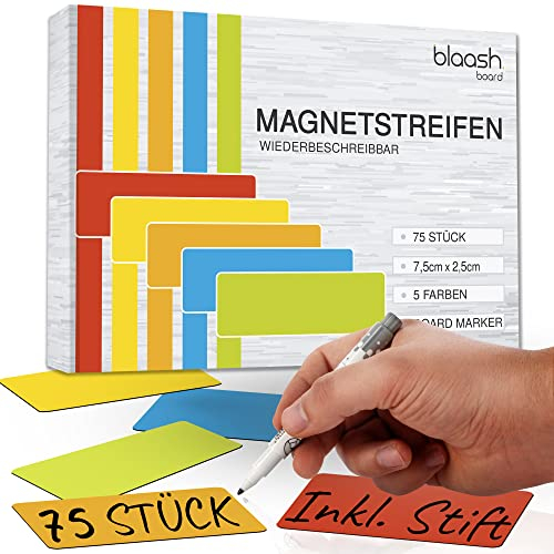 75 Magnetstreifen 75 x 25mm beschreibbar | Magnete für Whiteboards, Kühlschränke, Magnettafeln & metallische Oberflächen | inkl. Stift & Radierer | Bunte Magnetschilder zum Beschriften