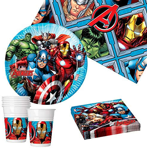 Procos - Avengers Vaisselle pour Enfants, Décoration de Super Héros pour Anniversaire, Baptême, Communion (Verres, Assiettes, Serviettes, Nappes) Jetable 8 Personnes 37 Pièces