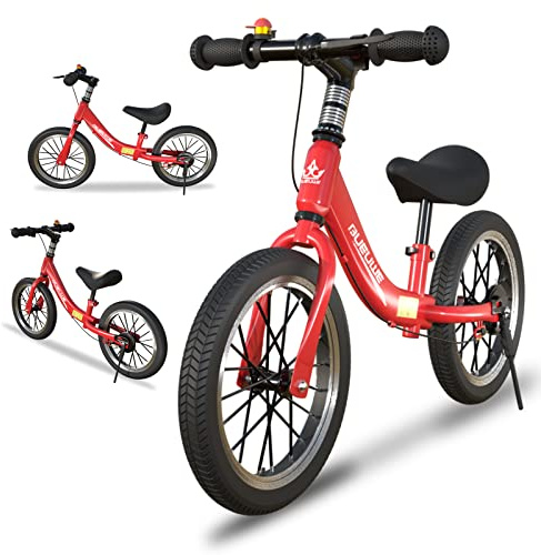 Bueuwe 14/16 Inch Balance Bike for 3 4 5 6 7 and 8 Years Old Boys Girls,No Pedal Training Bicycle with Brake and Kickstand,Adjustable Seat Height,Air Tires,Gift for Outdoor Sports (Red, 16 in)