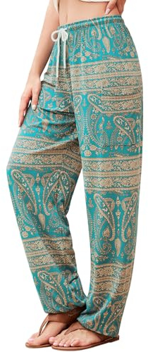 QIANXIZHAN Pantalon Sarouel pour Femme, Style Hippie Palazzo, Pantalon de Jogging bohème, vêtements de Yoga avec Poches, Fleur 4 Cyan, Taille M