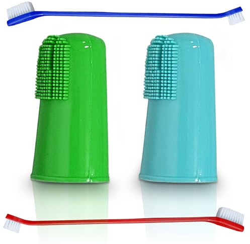 SOL 2pc Long Dual Ended Toothbrush and 2pc Finger Toothbrush for Dogs & Cats, Soft Bristles for Gentle Cleaning, Ideal for Pet Oral Care & Healthy Teeth
