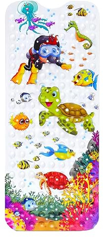 Rutschfeste Badematte für Innenbadewanne für Kinder, Cartoon-Meerestier-Badewannenmatte, Duschmatte, Badezimmermatte, rutschfest, mit Saugnapf, maschinenwaschbar, lang, 100 x 40 cm, Schildkröte