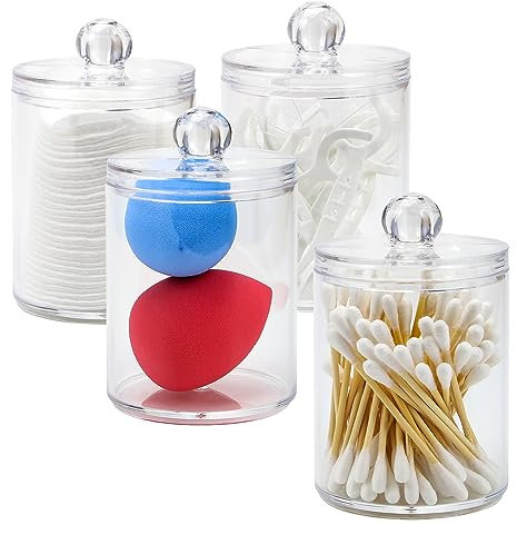 Taylor & Brown 4 Pack Qtip Holder for Bathroom - Apothecary Jars with Lids, Cotton Pad Holder Qtip Dispenser Canisters Swab Pads for Cotton Ball, Floss, Hair Clips
