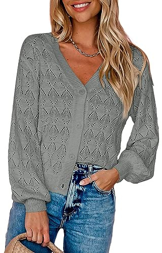 Dokotoo Cardigan Donna Leggero Maglione con Bottoni Giacca in Maglia Elegante Golfino a Maniche Lunghe, Grigio, L