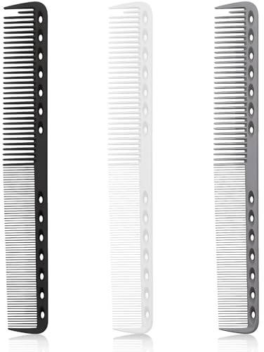 3-Piece Carbon Fiber Salon Hairdressing Comb Set - Fine Cutting Comb for Men & Women - Heat Resistant - Black, Grey, White