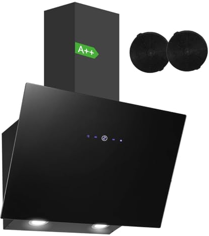 SNDOAS Cooker Hood 60cm, 550m³/h Angled Extractor Hood, Class A++, 3-Speed, Touch Control, Black Wall-mounted Extractor Fan for Kitchen, Recirculating & Ducting Modes, LED Lights