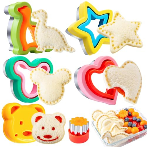Kimfead Cortadores de Galletas 6 Piezas, Cortadores de Sandwich, Moldes de Galletas Acero Inoxidable, Dinosaurio Ratón Corazón Estrella Oso