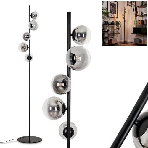 Stehleuchte Remaisnil, Stehlampe aus Metall/Glas in Schwarz/Rauchfarben/Klar, Standlampe im Retro/Vintage-Design mit Schirmen aus Glas (Ø 10 cm) u. Fußsschalter, Höhe 160cm, 5 x G9, ohne Leuchtmittel
