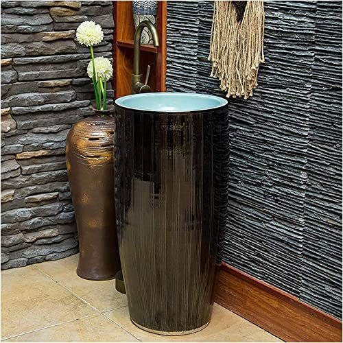 Vanity Unit with Basin,Bathroom Basin Sink with Full Pedestal, Pedestal Sink Handcrafted Ceramic wash Basin Pedestal washbasin Kaolin Clay Round Freestanding Sink with Drain & Fauc
